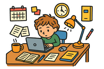 Creative Workspace Doodles. focused work. Colorful Hand-drawn doodle Children illustration focused work laptop, desk, chair, coffee cup, notebook, pen,