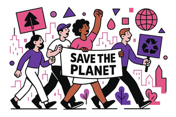 Vibrant Environmental Protest. Environmental Protests. Marchers carrying banners through city streets with floating abstract geometric shapes and environmental