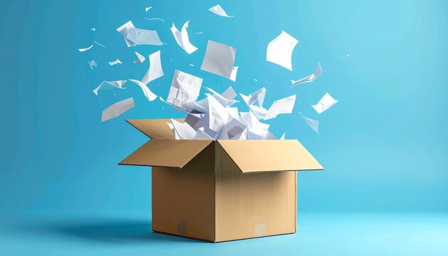 Papers flying from cardboard box on blue background