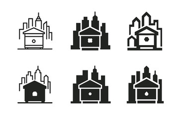 Fototapeta premium Urban Beekeeping Logos. Suburban beekeeping with urban landscapes. Set Logo of Suburban beekeeping with urban landscapes: hive box beside city skyline. Icon