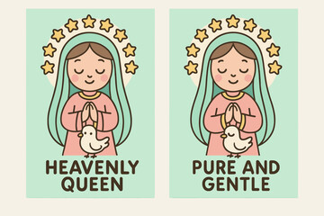 Obraz premium Heavenly Queen Banners. Queen of Heaven. Two vertical A6 banners with safe margins, centered composition, no elements touching edges, cartoon, pastel mint and