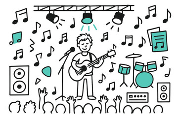 Concert Doodle Vibes. Hand-drawn doodle illustration. A musician playing a guitar on stage at a concert. Hand-drawn doodle illustration A musician playing a