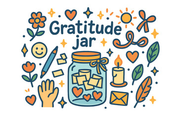 Colorful Gratitude Jar Doodle. Gratitude jar. Hand-drawn doodle illustration of gratitude jar. Mason jar,