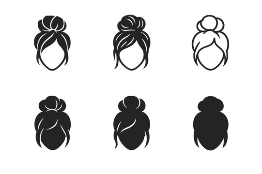 Messy Bun Logo Guide. Hairstyle step-by-step guide poster. Set Logo of hairstyle step-by-step guide poster: messy bun tutorial frames. Icon set. harmonious