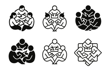 Fototapeta premium Artists Workshop Logo Concepts. Artists working together in a workshop. Set Logo of Artists working together in a workshop: sketchbooks arranged in a circle.