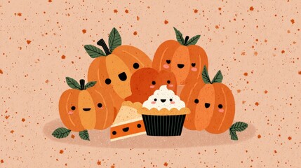 Obraz premium Warm thanksgiving celebration with playful pumpkin illustrations and cozy family atmosphere