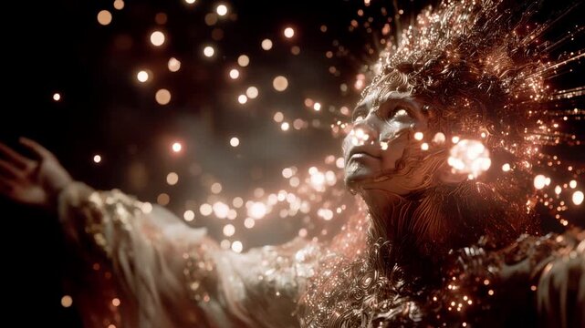 Ethereal and mystical female figure with glowing eyes raising her arms, surrounded by a magical cloud of sparkling golden light particles and bokeh effects on a dark, mysterious background