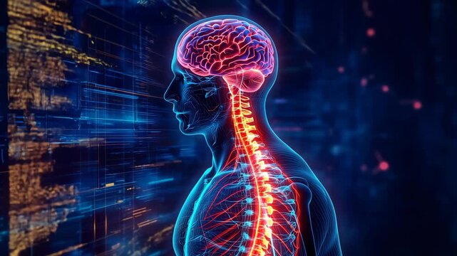 頭から肩までの脊椎を強調した人体イメージ、医療・教育