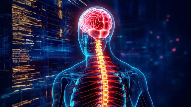 頭から肩までの脊椎を強調した人体イメージ、医療・教育