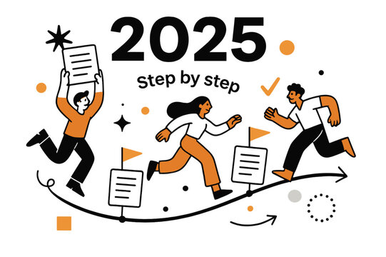 Vision Board. Vision Board ? Year Overview. Big ?? headline anchors a clean timeline; milestone cards pin along with tiny flags. Caption ?Step by step? curves