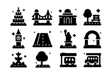 Naklejka premium LEGO Architecture Icons. Miniature LEGO Architecture. Solid icons set of Miniature LEGO Architecture: skyscraper, bridge, museum, park, clock tower, road,