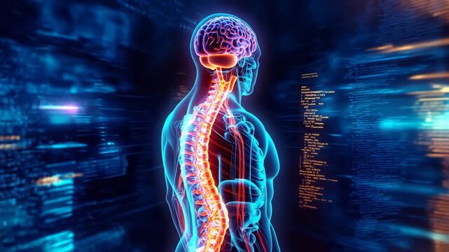 頭から腰までの脊椎を強調した人体イメージ、医療・教育