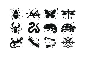 Fototapeta premium Savanna Creatures Icons. Savanna Insects and Reptiles. Solid icons set of Savanna Insects and Reptiles: beetle, grasshopper, butterfly, dragonfly, scorpion,