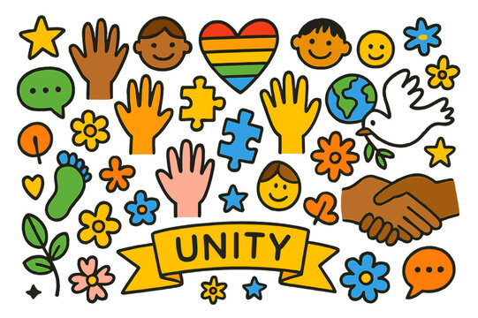 Unity and Diversity Icons. Diversity and inclusion. Colorful Hand-drawn doodle Children illustration Diversity and inclusion hands of all colors, rainbow