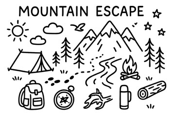 Fototapeta premium Mountain Adventure Icons. Mountain escape. Hand-drawn doodle illustration mountain escape peaks, tent, campfire, stream, pine trees, backpack, compass, sun,