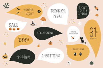 Set of Halloween illustration images Design elements for Halloween celebrations, witch hats, cats, pumpkins, skeletons and much more Set of speech bubbles with Halloween phrases, self love quotes 