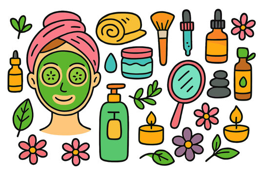 Colorful Spa Essentials. rejuvenating facial. Colorful Hand-drawn doodle Children illustration rejuvenating facial face mask, cucumber slices, headband, towel,