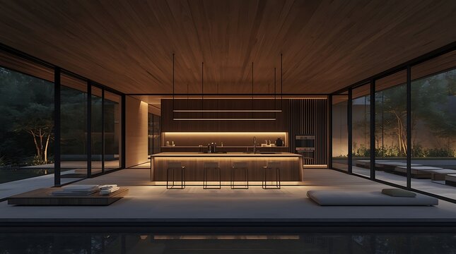Sleek Japandi interior architecture featuring a modern kitchen with ambient lighting and glass walls