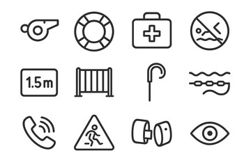 Obraz premium Pool Safety Icons. Pool Safety. Line icon set of Pool Safety: lifeguard whistle, life ring, first aid kit, no diving sign, depth marker, pool fence, rescue