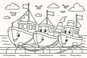 Friendly Cartoon Boats. Boats at the quay children?s coloring book illustration, outlined drawing, friendly cartoon boats tied to a stone embankment with flags