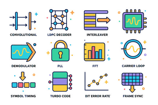 Signal Processing Icons. Signal processing and coding. Colorful isometric vector icons set of Signal processing and coding: convolutional coder, LDPC decoder,