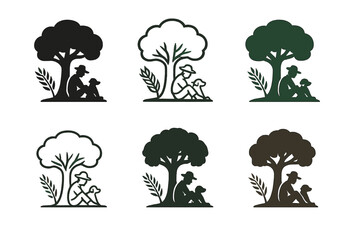 Fototapeta premium Farmer and Dog Emblems. A farmer and his dog taking a break under the shade of a tree. Set Logo of A farmer and his dog taking a break under the shade of a