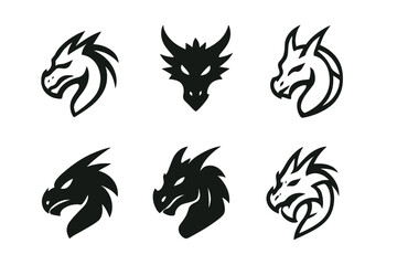 Obraz premium Dragon Head Logos. Dragons. Set Logo of Dragon Head: Minimal outline, Negative space, Flat solid, Symmetrical form, Stylized detail, Iconic shape. Vector