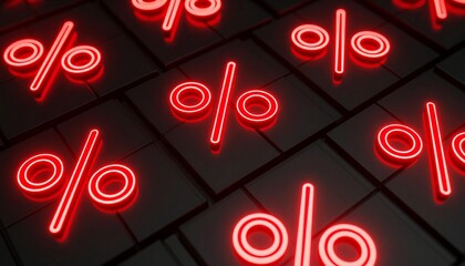 Glowing red percentage symbols in grid pattern on dark reflective surface