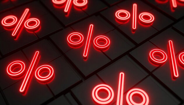 Glowing red percentage symbols in grid pattern on dark reflective surface
