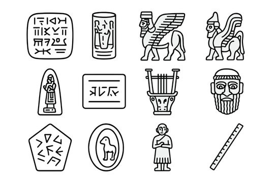 Mesopotamian Relic Icons. Mesopotamian relics. Line icon set of Mesopotamian relics: cuneiform tablet, cylinder seal, winged bull relief, lamassu figurine,