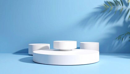 Minimalist white podiums with plant shadow on light blue background