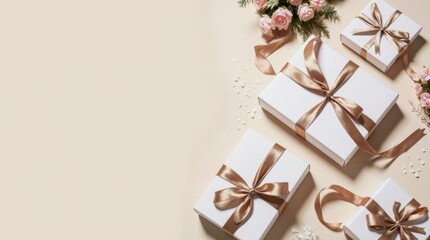 Simple and stylish gift boxes wrapped in clean and elegant designs, ideal for birthday themes.