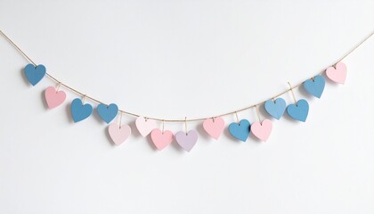 Pastel heart garland hanging on string against white background