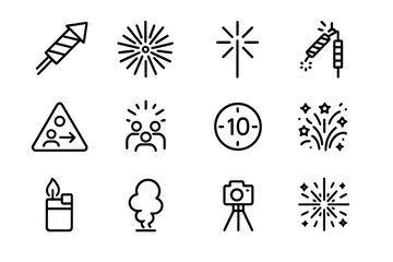 Fireworks Icon Set. Fireworks Celebration. Line icon set of Fireworks Celebration: rocket firework, chrysanthemum burst, sparkler, firecracker string, safety