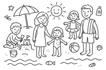 Beach Day Doodle. Family at the beach. Hand-drawn doodle illustration family at the beach parents, kids, sandcastle, bucket, shovel, ball, towel, umbrella,