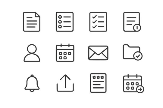 Agenda Icons Set. Follow-up and Minutes. Line icon set of Follow-up and Minutes: meeting minutes document, attendance list, decisions check, action items list,