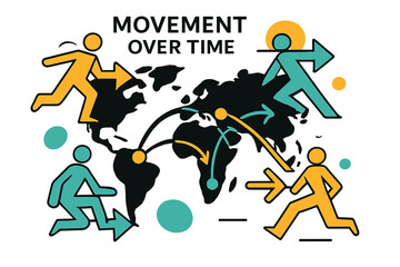 Fototapeta premium Migration Flow Map. Displacement of People. A minimalist map silhouette with arrows showing migration flow; ?Movement Over Time? floats above connected dots.