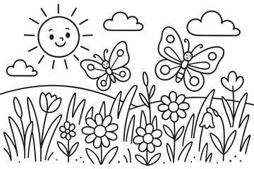 Naklejka premium Meadow Coloring Fun. Sunny meadow children?s coloring book illustration, outlined drawing, open field with butterflies, flowers, and tall grass, educational