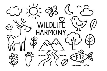 Fototapeta premium Wildlife Harmony Doodle. Wildlife harmony. Hand-drawn doodle illustration wildlife harmony deer, bird, butterfly, tree, flower, river, mountain, fish, cloud,