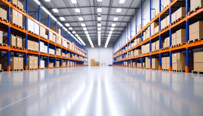 Modern warehouse interior with tall shelves and stacked boxes