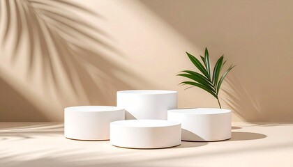 Minimalist white podiums with palm leaf on beige background