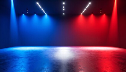 Symmetrical stage with blue and red spotlight lighting