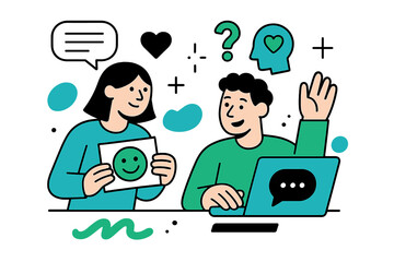 Inclusive Teamwork Communication. Supportive communication. Coworkers using both visual cards and digital chat