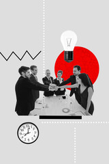 3D collage poster trend sketch of cooperation strategy business marketing young lady man highfive...