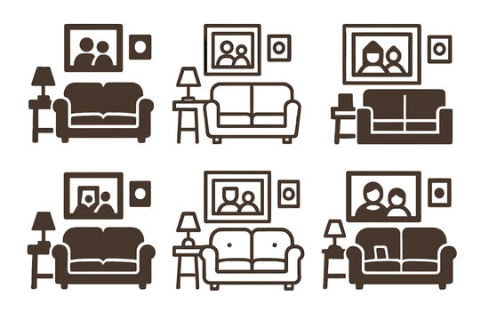 Family Decor Logos. Personalizing home decor with family photos. Set Logo of personalizing home decor with family photos: cozy living room with framed art.