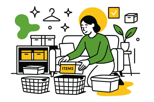 Organized Living Room. Organized lifestyle. Person using baskets and labeled containers in a living room,