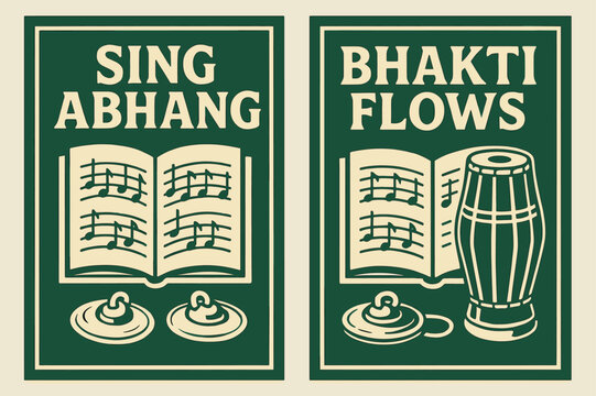 Abhang Devotion Banners. Abhang Devotion. Two vertical A6 banners with safe margins, centered composition, no elements touching edges, bold, emerald and cream,