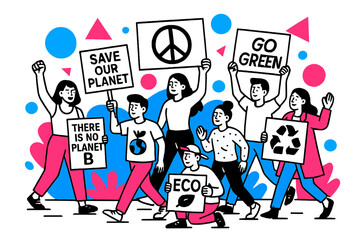Eco-Friendly Street Demonstration. Environmental Protests. Street filled with demonstrators holding eco-friendly signs with floating abstract geometric shapes,