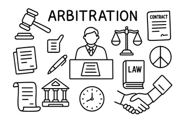 Legal Mediation Doodles. Arbitration. Hand-drawn doodle illustration arbitration judge?s gavel, contract, balance scale, mediator, law book, table, documents,