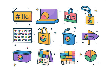 Conference Branding Icons. Conference branding. Colorful isometric vector icons set of Conference branding: custom hashtag banner, stage backdrop, speaker name